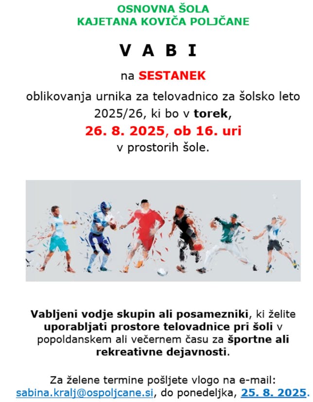 SESTANEK oblikovanja urnika za telovadnico za šolsko leto 2025/26
